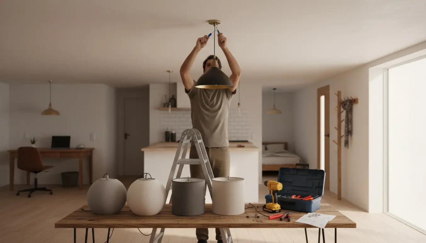En person på en stige hænger en pendel-lampe op i et lyst hjemmekontor med værktøj og flere lamper klar på et bord.