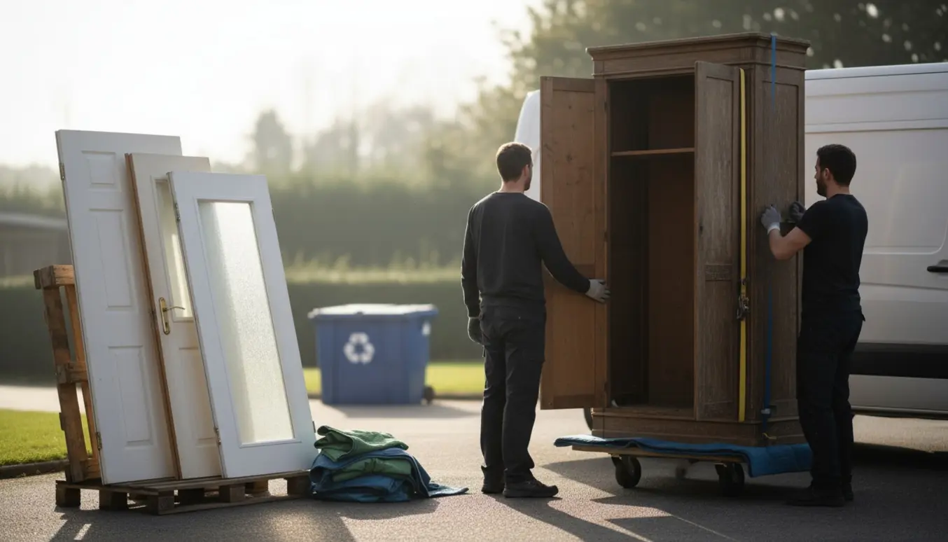 Gammelt klædeskab og tre døre læsses i en hvid flyttevogn på en indkørsel, uden synlige ansigter.
