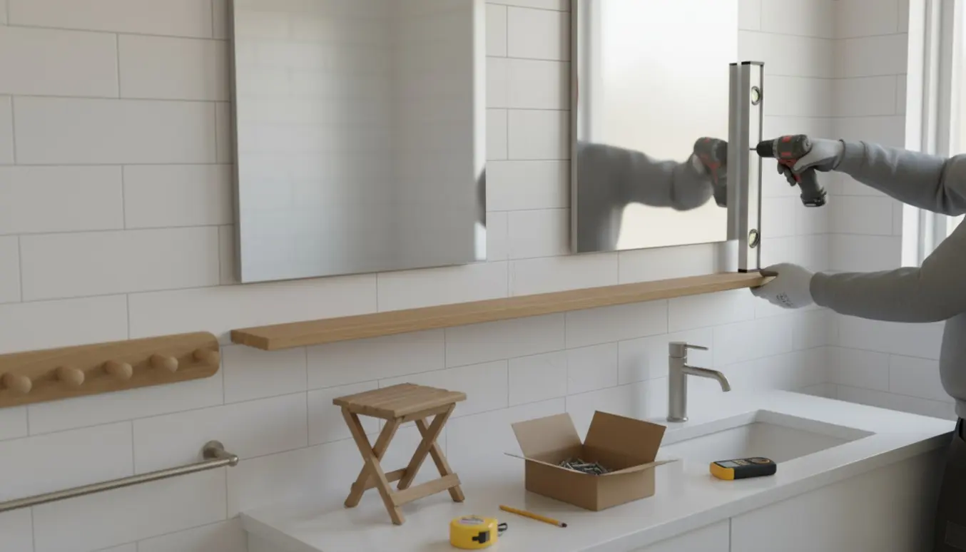 To spejle, en knagerække og en håndklædeholder monteres i et lyst, nyrenoveret badeværelse.