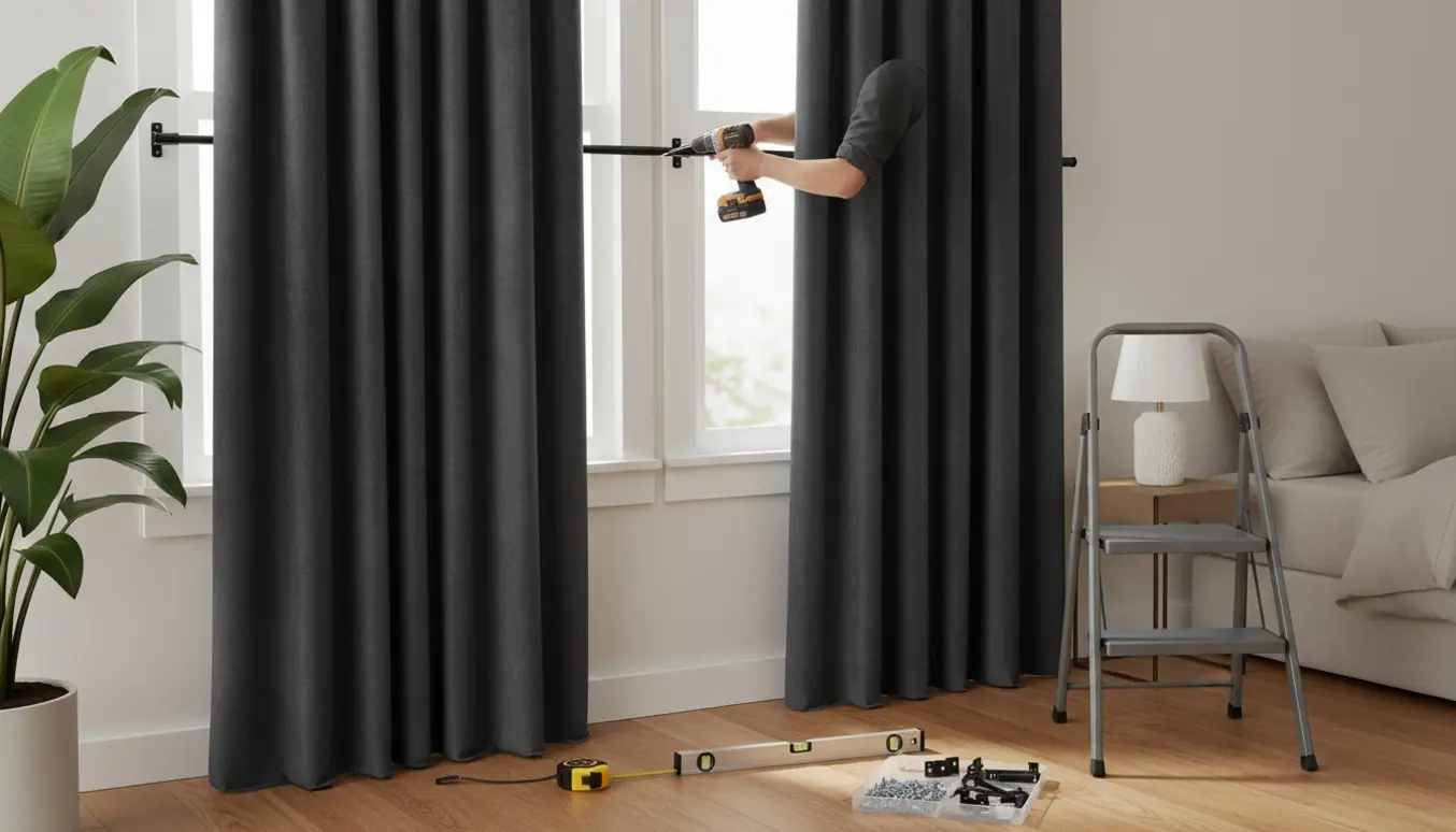 To mørklægningsgardiner monteres ved to vinduer; hænder bruger en boremaskine på en lille stige, og værktøj ligger pænt på gulvet.