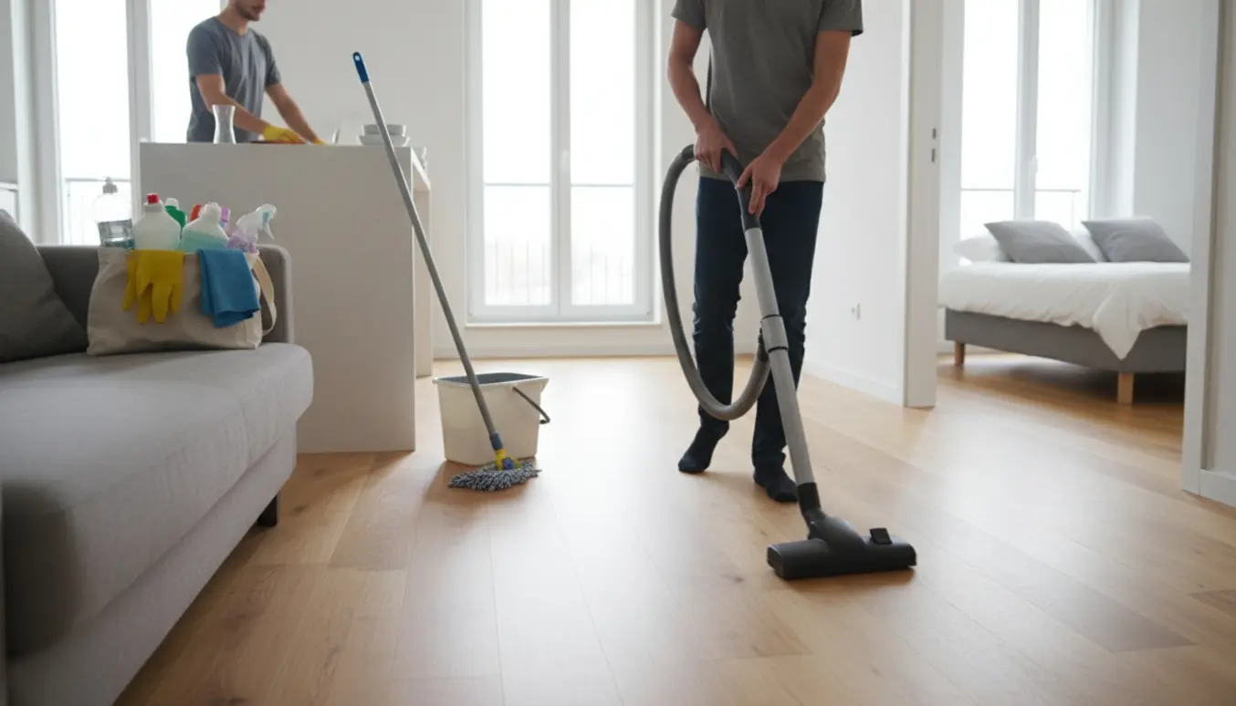 Rengøringsperson med rengøringsudstyr i en lys og ryddelig lejlighed.