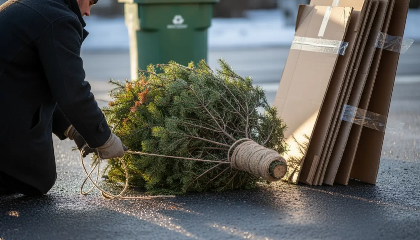 Afleveret juletræ bundet med snor og sammenklappede papkasser ved fortovet.