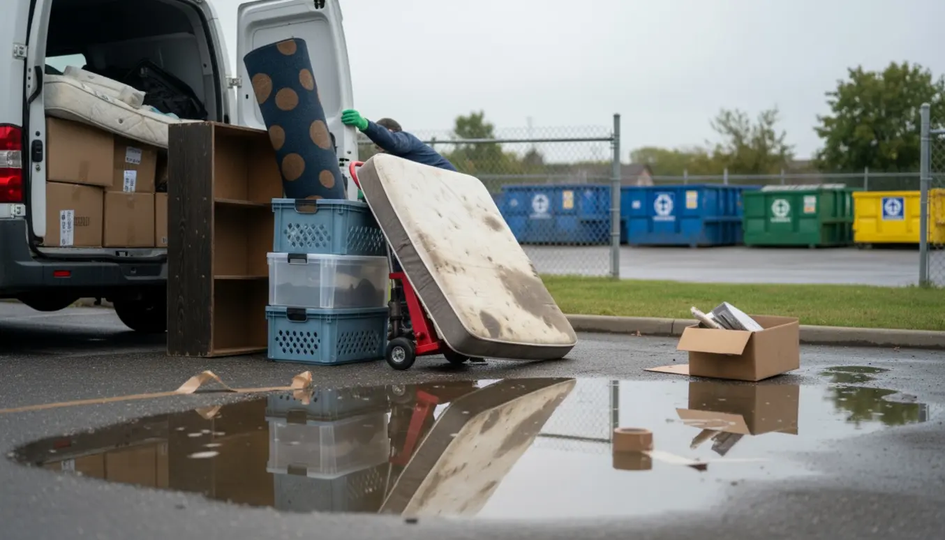 Vandskadede kældereffekter læsses i en bil på indkørsel med genbrugscontainere i baggrunden.