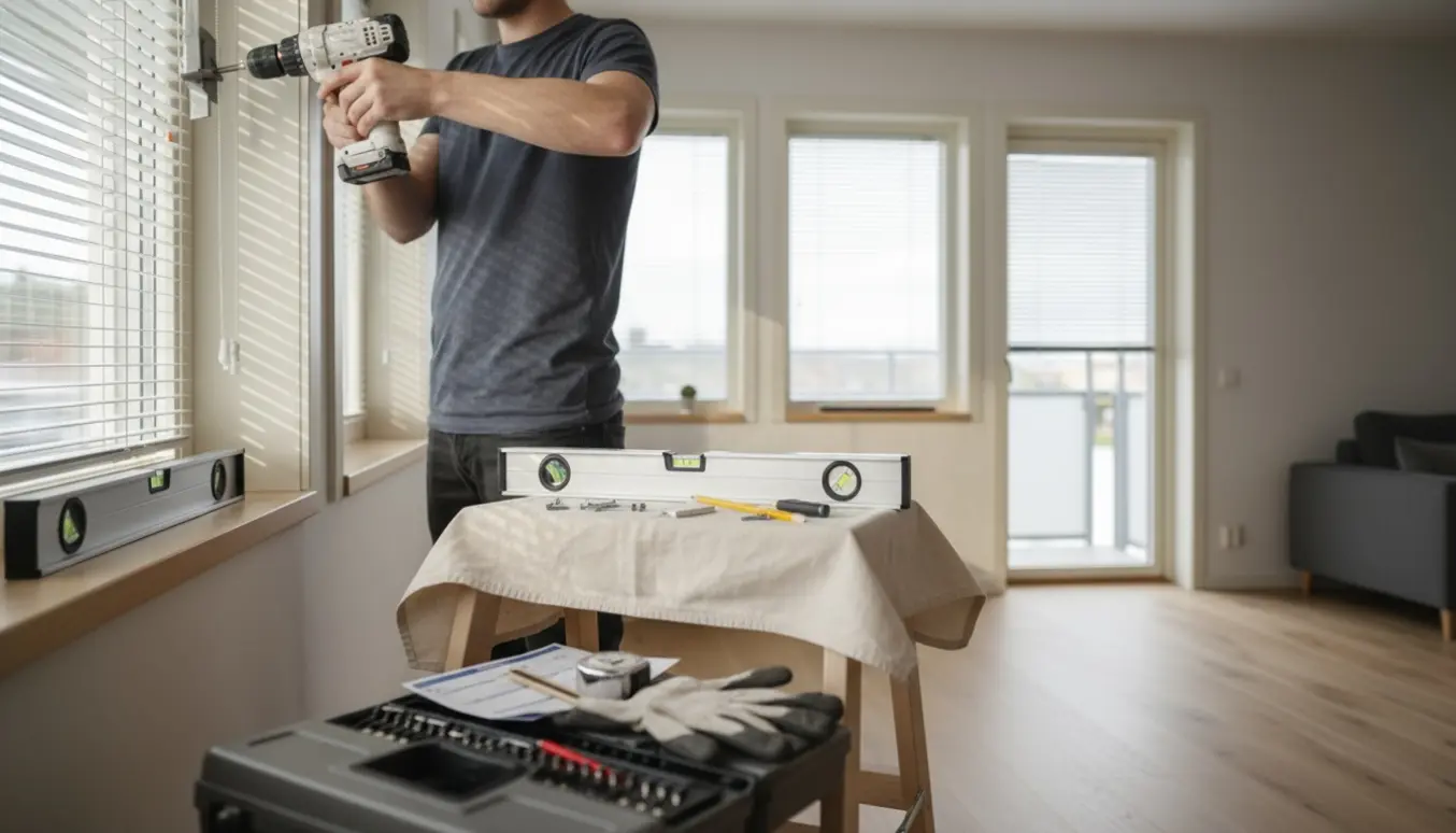 Nærbillede af hænder, der monterer persienner i en række vinduer og altandør i en lys stue.