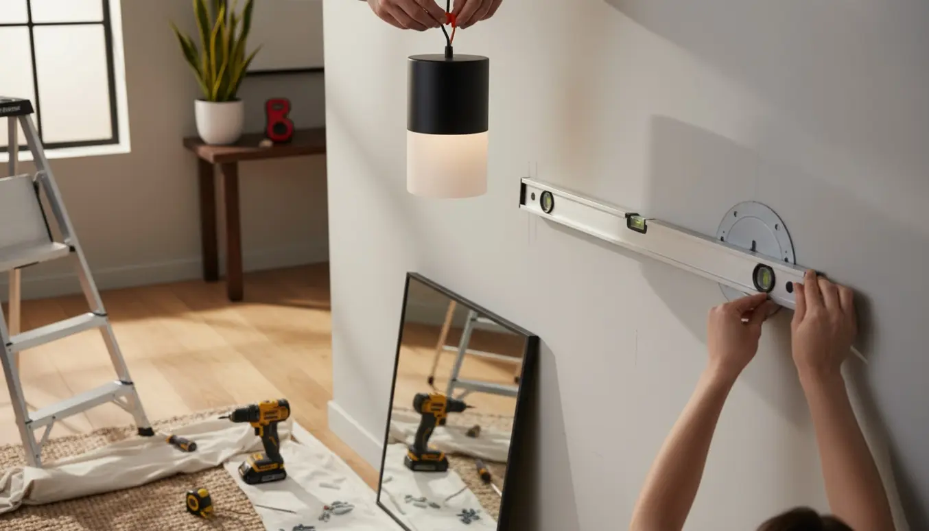 Nærbillede af hænder, der monterer en loftslampe og justerer et spejl på en lys entrévæg.