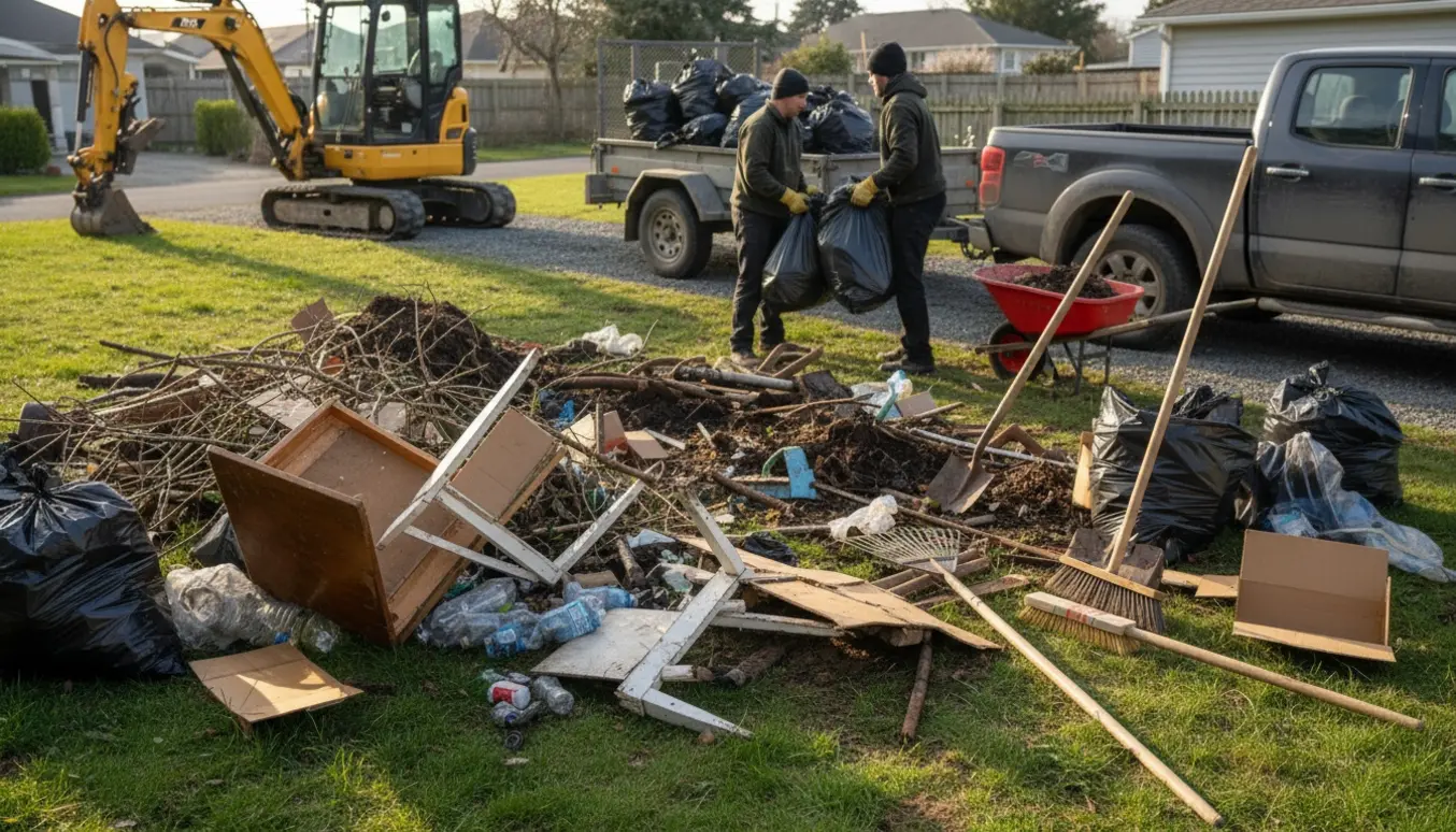 Arbejdere læsser affald fra en have og fylder det i en trailer med en gravemaskine i baggrunden.