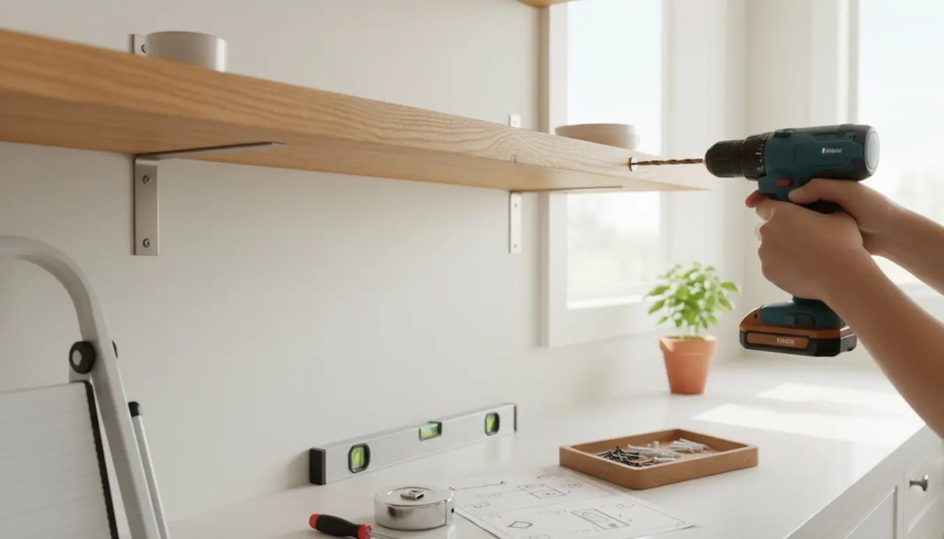 Hænder samler og hænger små køkkenhylder op i et lyst køkken med værktøj på bordet.