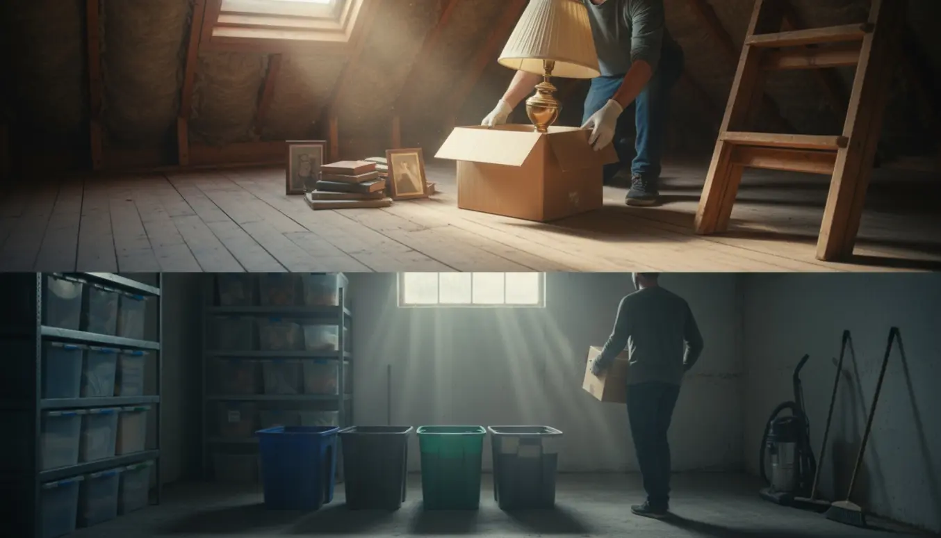 Person set fra ryggen rydder og sorterer kasser i åbent loft og kælder i naturligt lys.