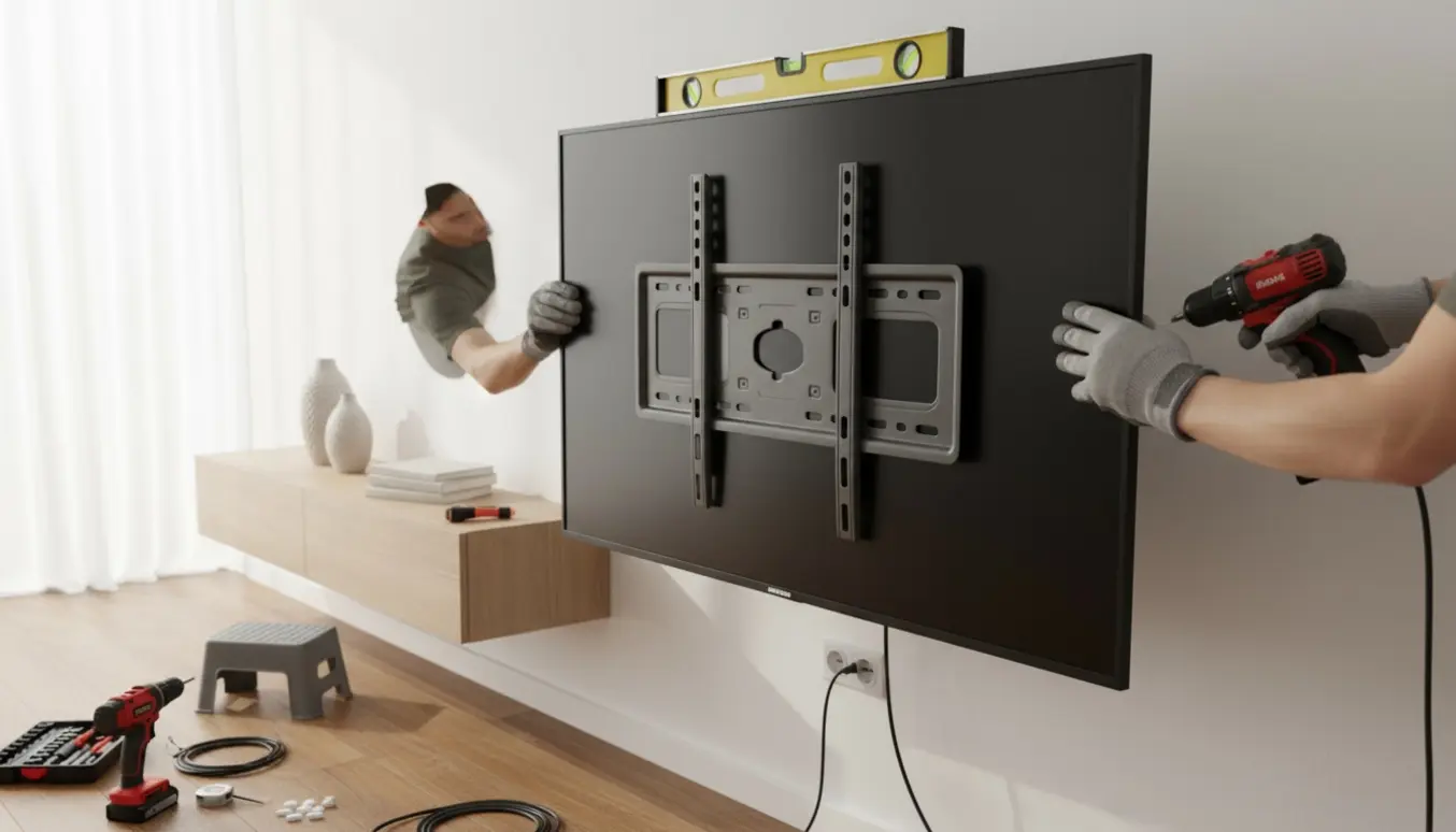 To teknikere monterer et stort fladskærms-tv på væggen i et lyst, moderne opholdsområde.