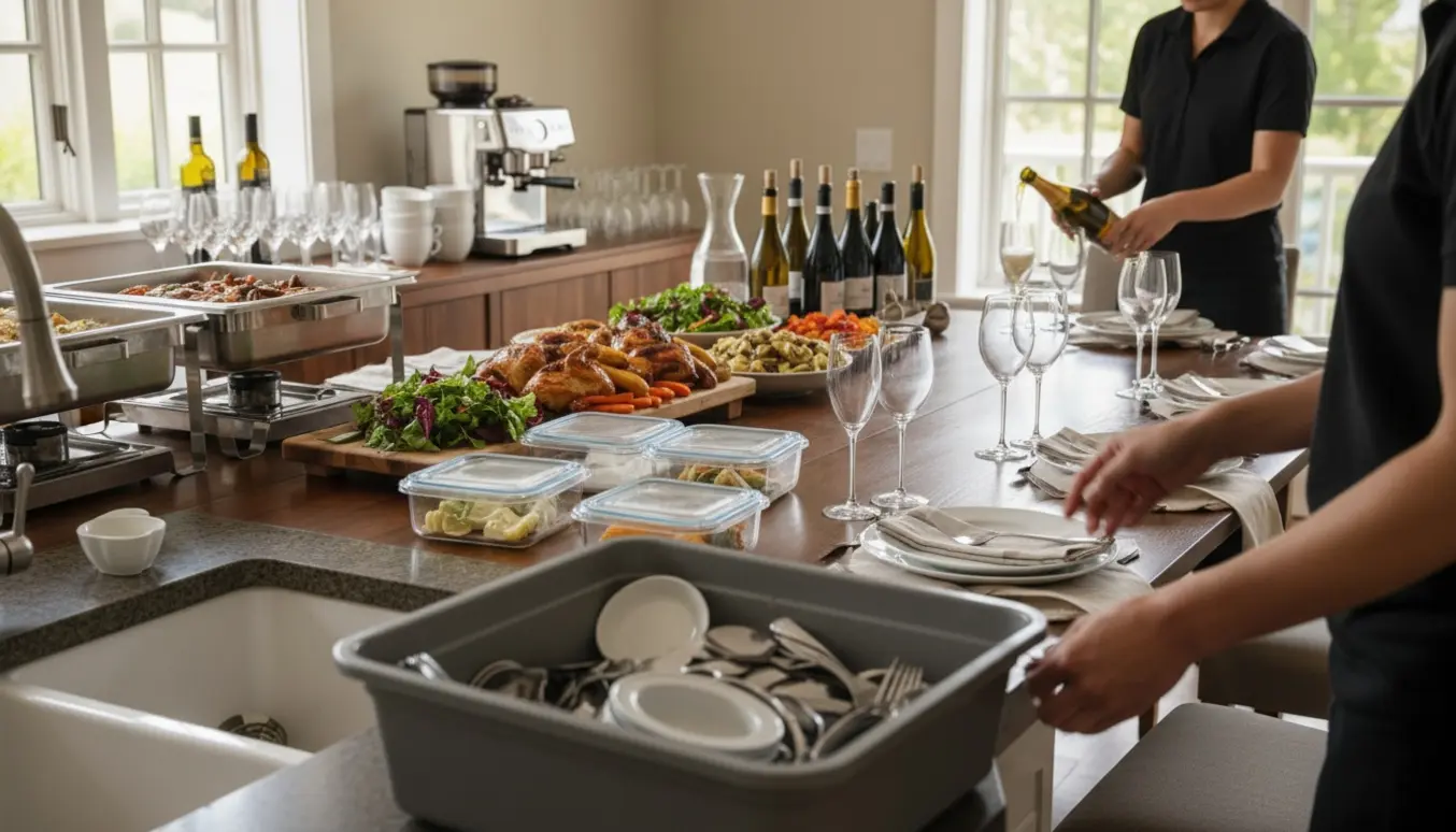 Serveringshjælp i forklæder dækker buffet, hælder velkomstdrinks op og samler tallerkener i et varmt, velbelyst spiseområde.