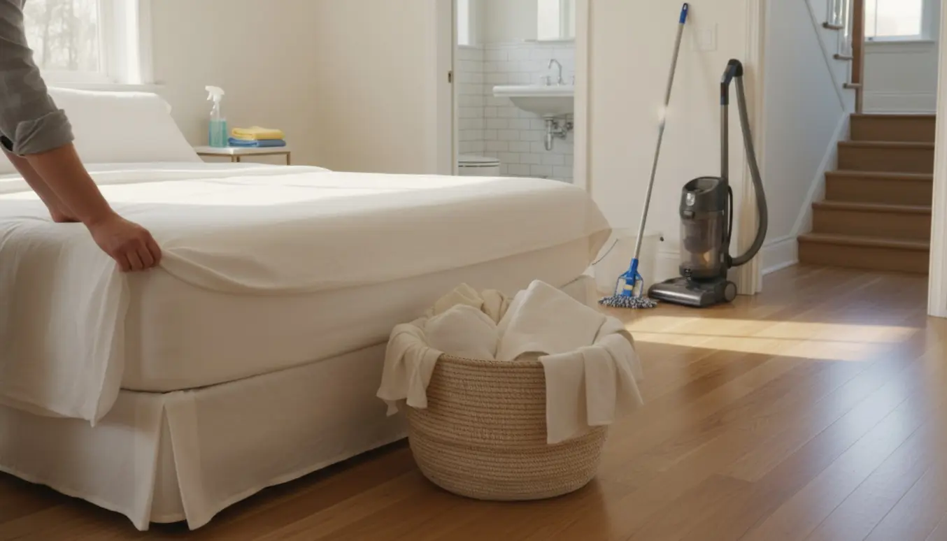 Lyse stue- og soveværelsesinteriør med foldet sengetøj og rengøringsudstyr, en person ordner lagen uden ansigt i billedet.