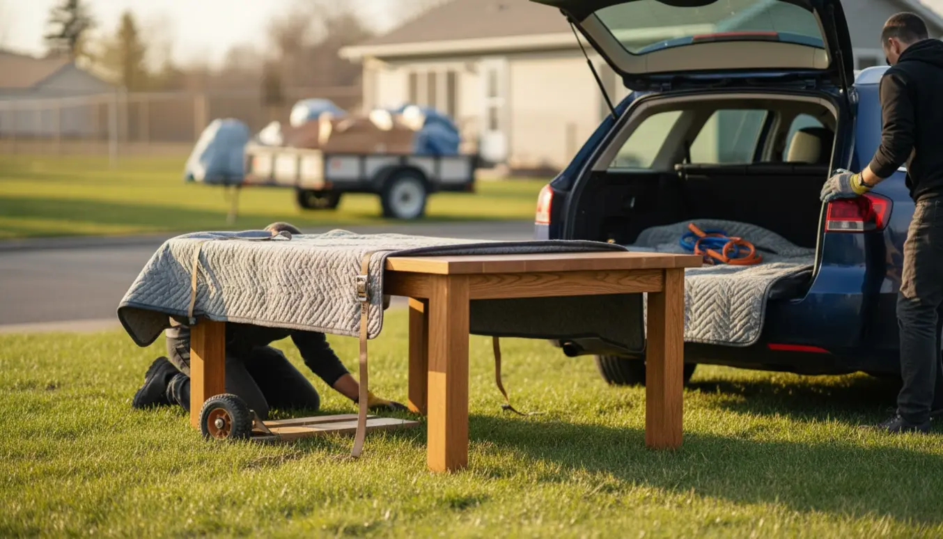 To personer læsser et langt træspisebord fra forhaven ind i en åben biltrunk ved solnedgang.
