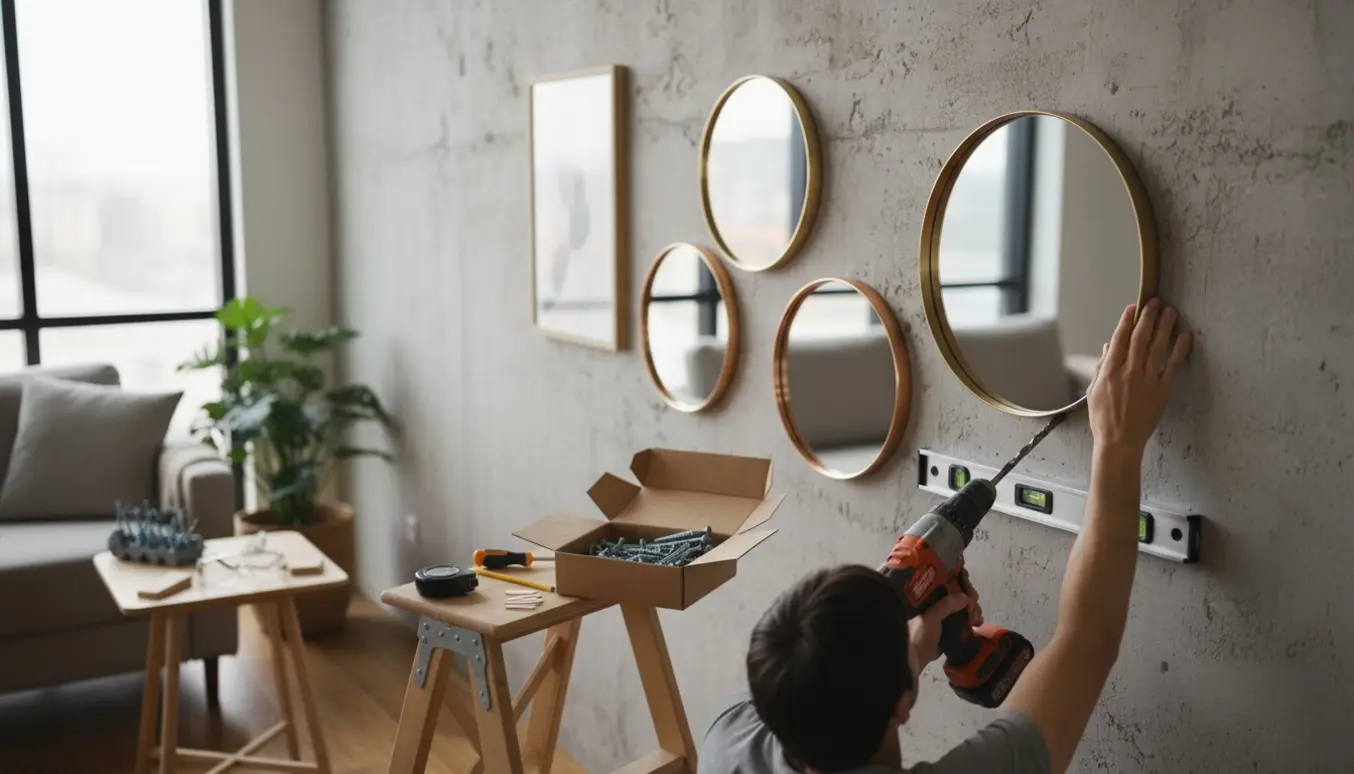 Nærbillede af hænder, der hænger tre runde spejle og et indrammet billede på en rå betonvæg med værktøj i nærheden.