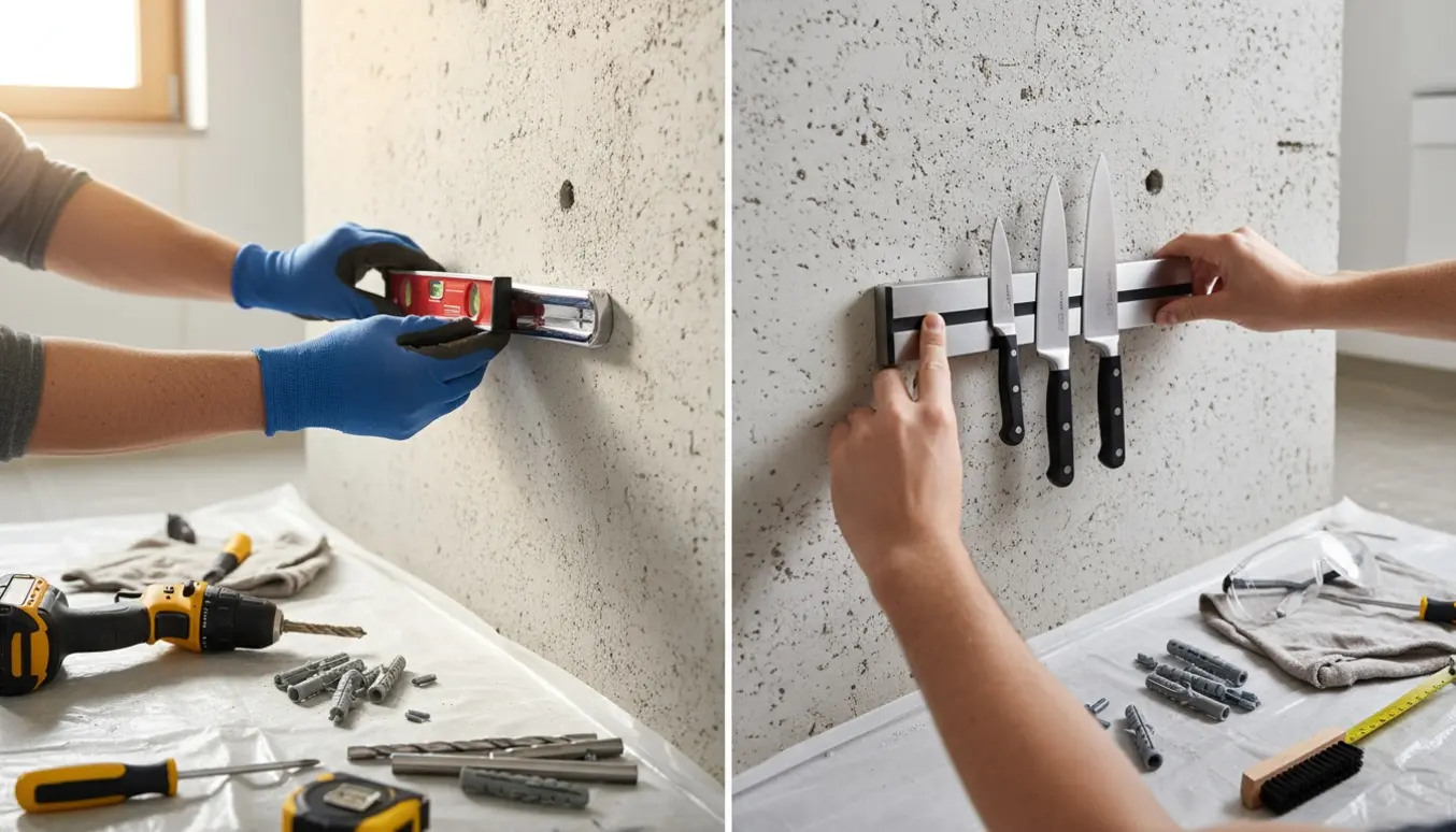 Hænder monterer en brusestang og en magnetisk knivholder på en gasbetonvæg med bor, plugs og vaterpas.