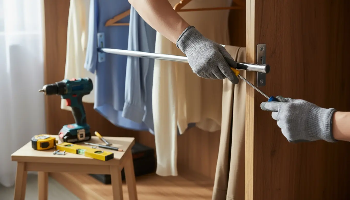Nærbillede af hænder, der skruer et beslag tilbage i en walk-in-garderobe med værktøj og tøj i baggrunden.