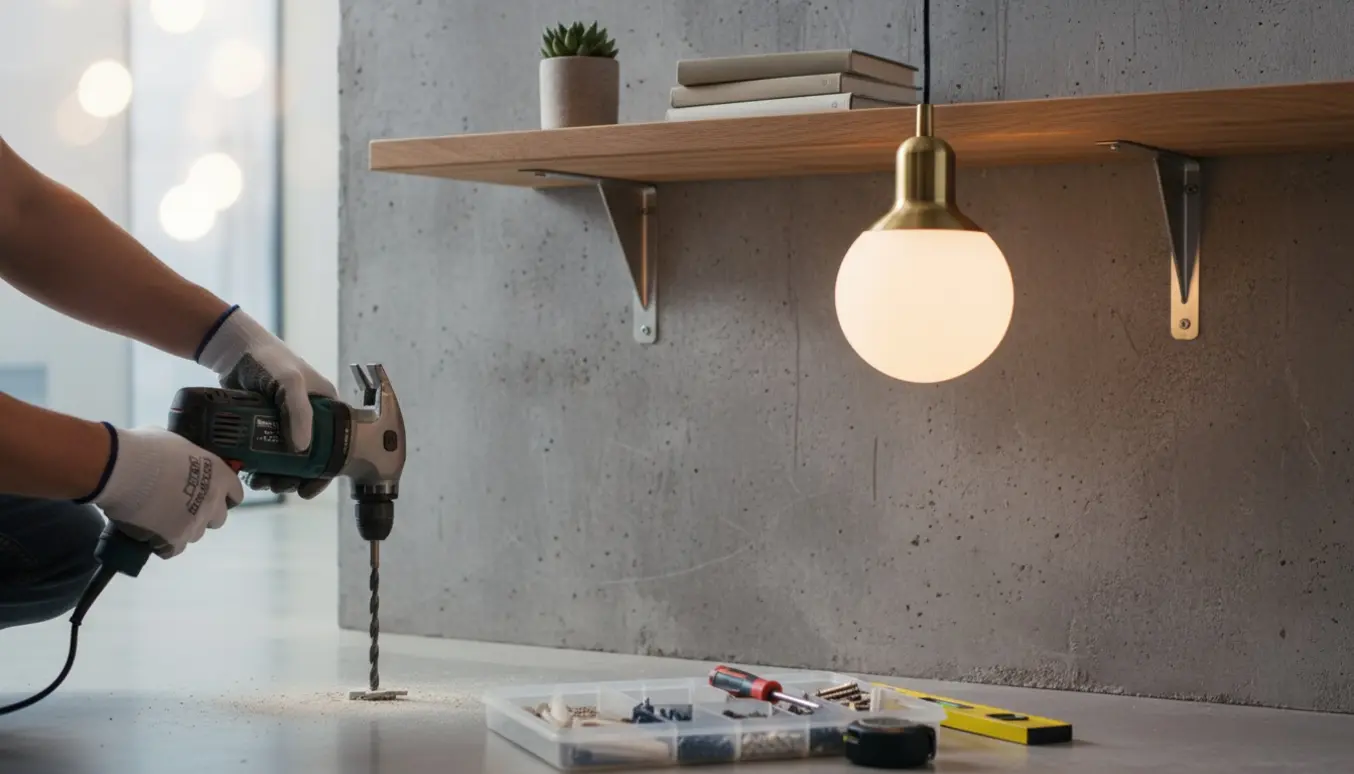 Hænder monterer en træhylde og loftslampe på en rå betonvæg.