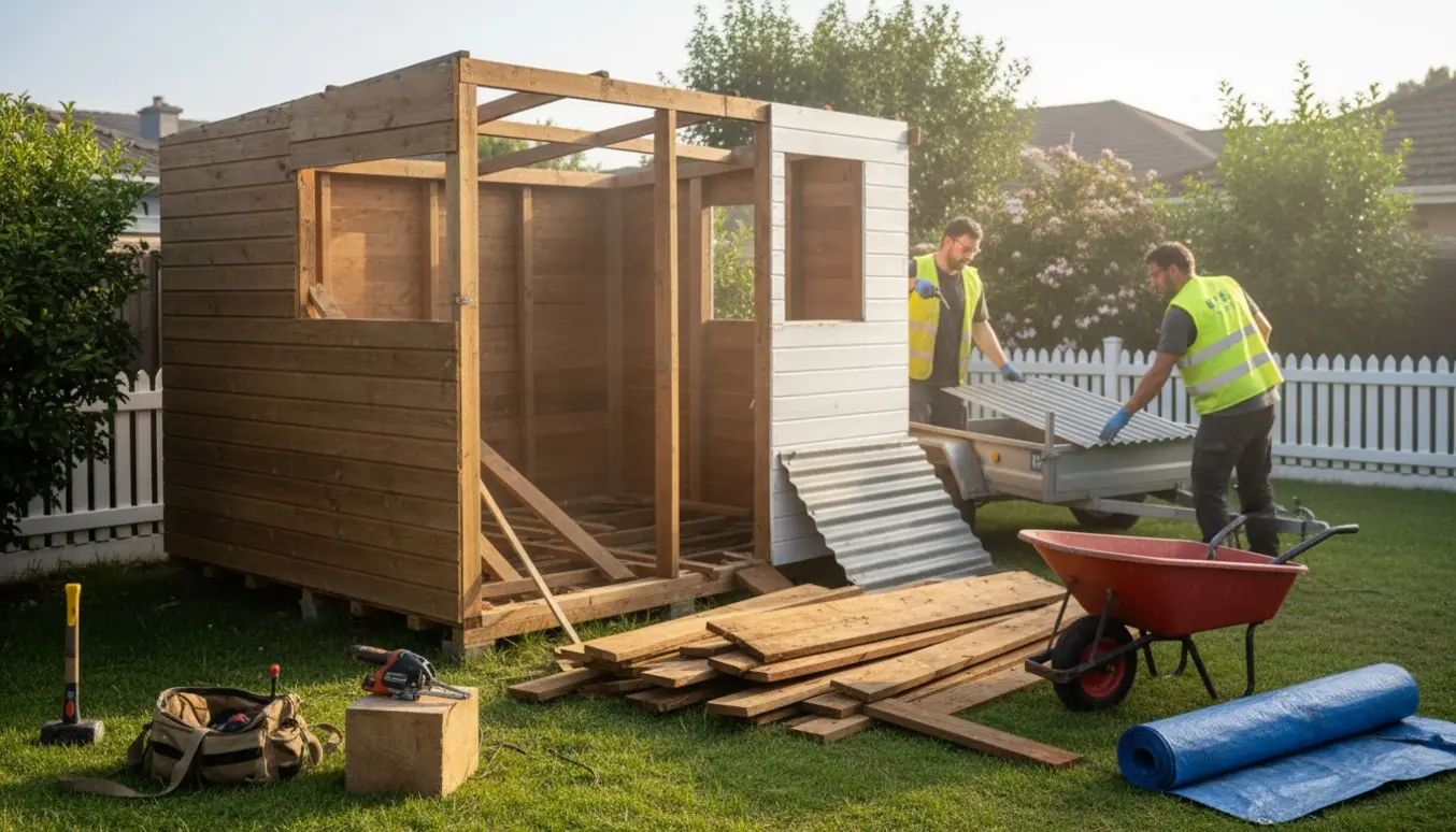 Partielt nedrevet redskabsskur på 7 m² i en baghave med bunker af træ og en læsset trailer.