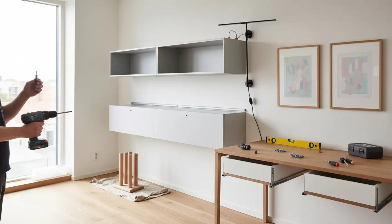 Montana-reol monteres på væg over et skrivebord med lampe, indrammet kunst og værktøj i en lys hjemmekontorindretning.