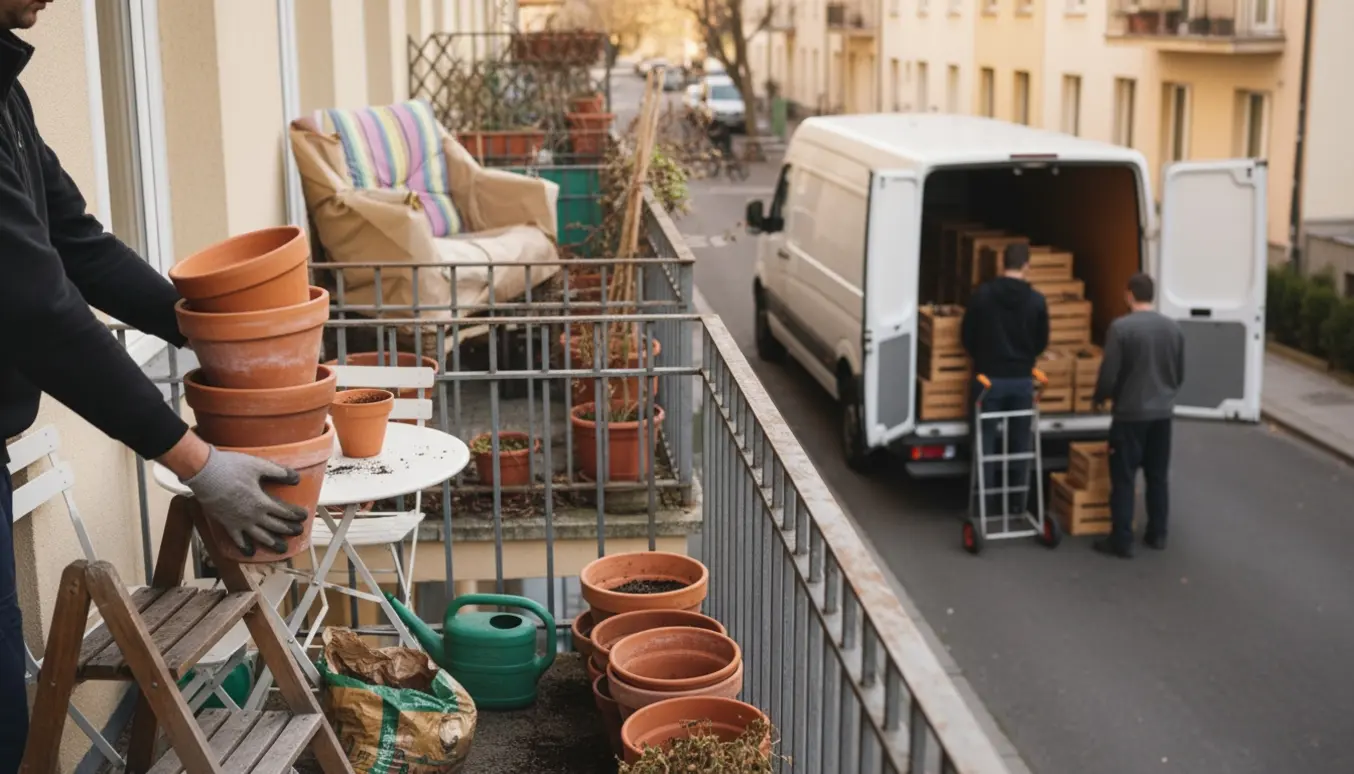 To altaner tømmes for blomsterkrukker og havemøbler, mens ting læsses i en varevogn.