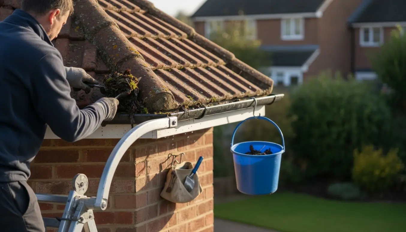 En person på stige renser tagrenderne i hjørnet af et lille rækkehus med handsker, spand og værktøj.