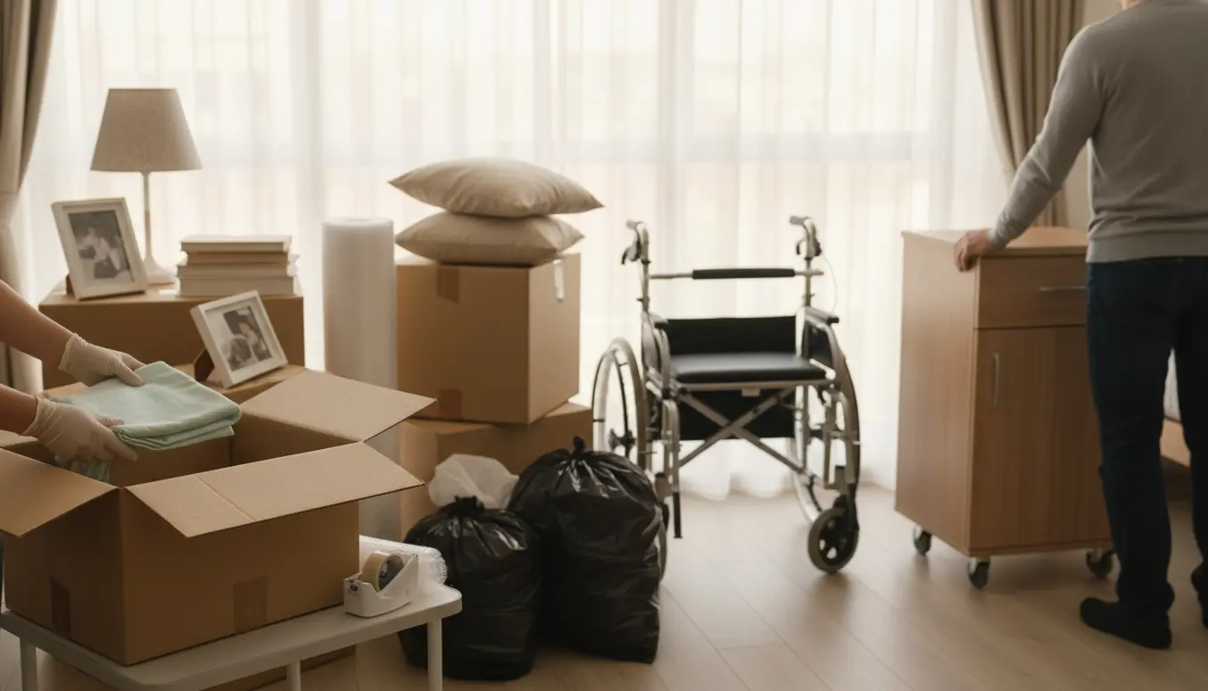 Rydning af plejehjemslejlighed med kasser, dolly og foldet rollator i blødt dagslys.