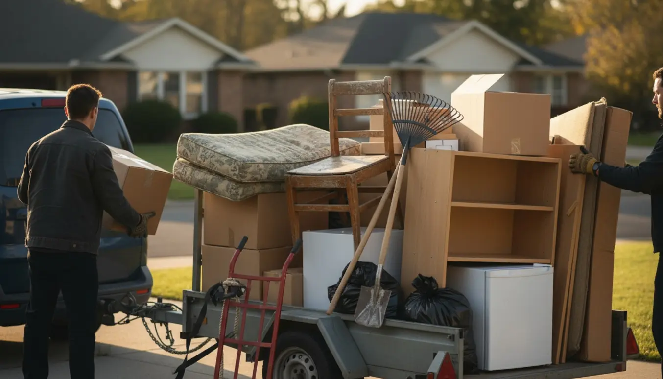 Åben trailer på indkørsel lastes med møbler, kasser og poser af en person med ryggen til.