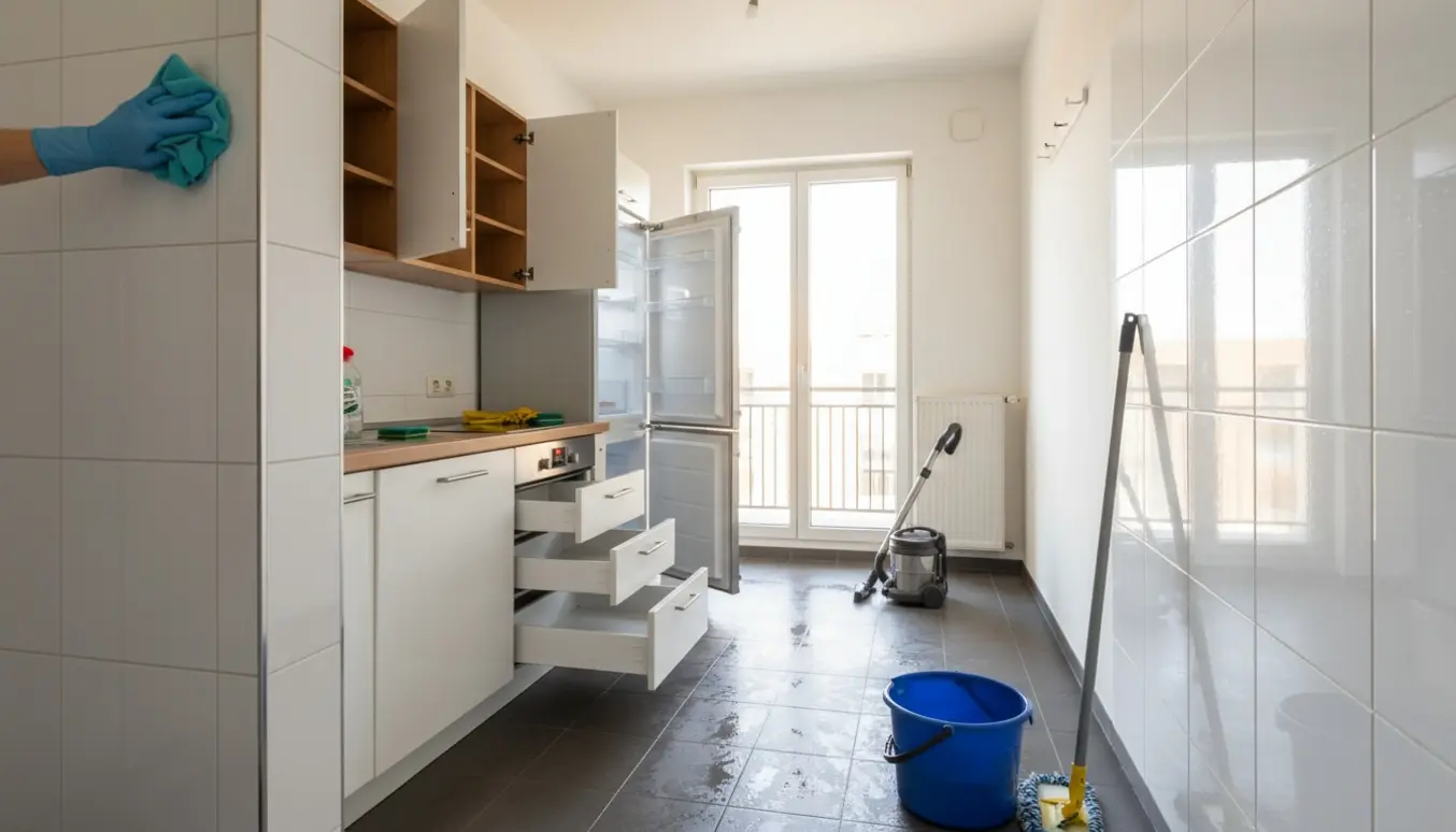 Soloplyst lejlighed midt i flytterengøring med åbne skabe, rengjort køleskab og vådt badeværelse.