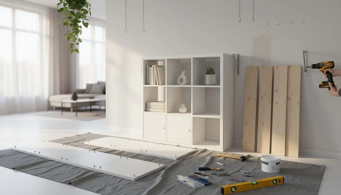 Montage af to reoler og hylder med værktøj og hængende planter i et lyst, moderne rum.