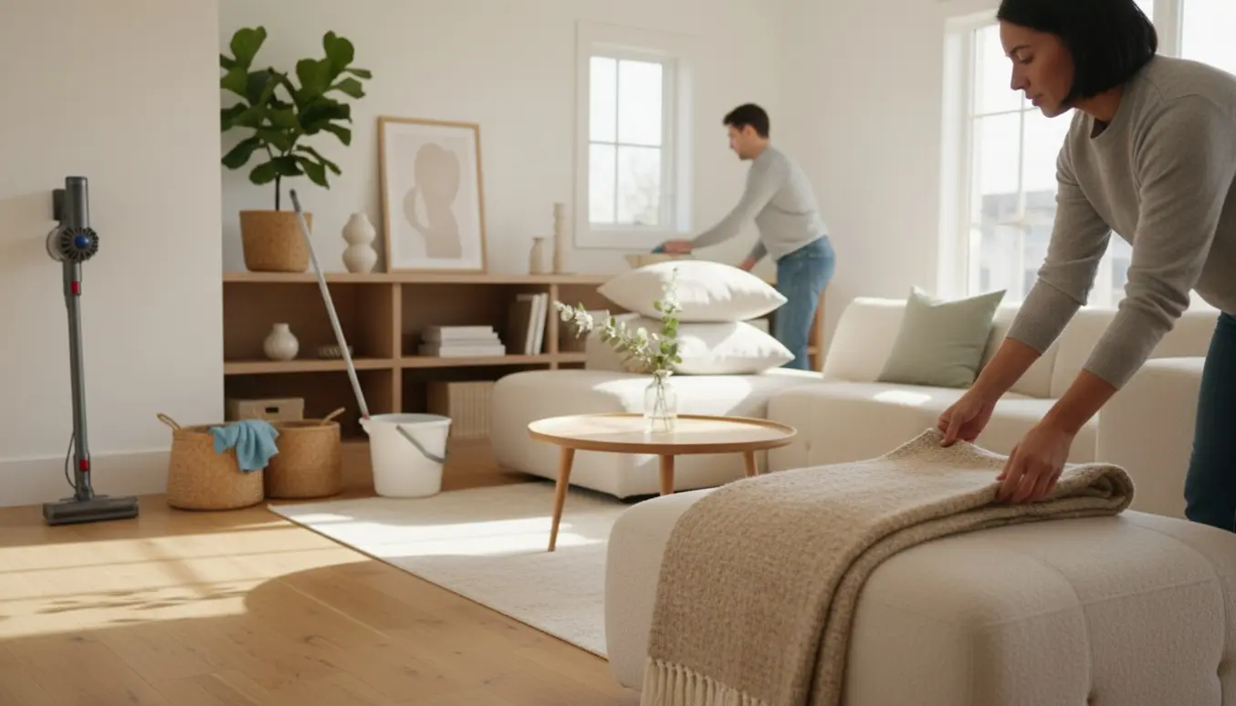 Solbelyst, ryddet stue med person, der lægger en plaid på sofaen under let indretning.