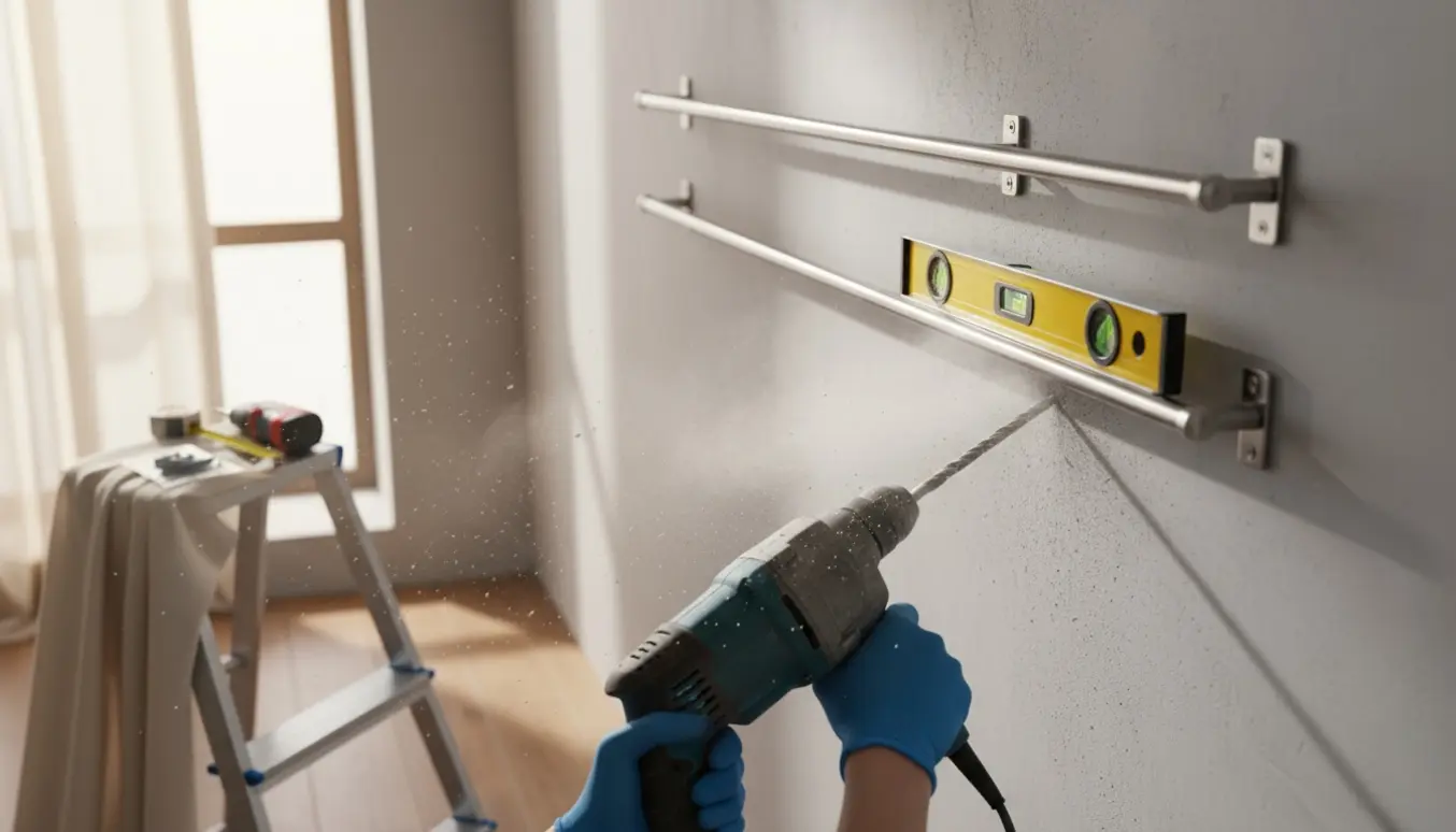 Nærbillede af opsætning af gardinstang på betonvæg med slagboremaskine og vaterpas.