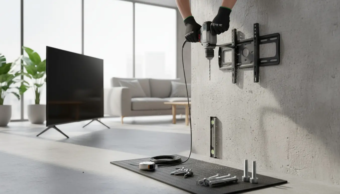 Hænder monterer et 55 tommer tv på en betonvæg med en slagboremaskine og monteringsbeslag.