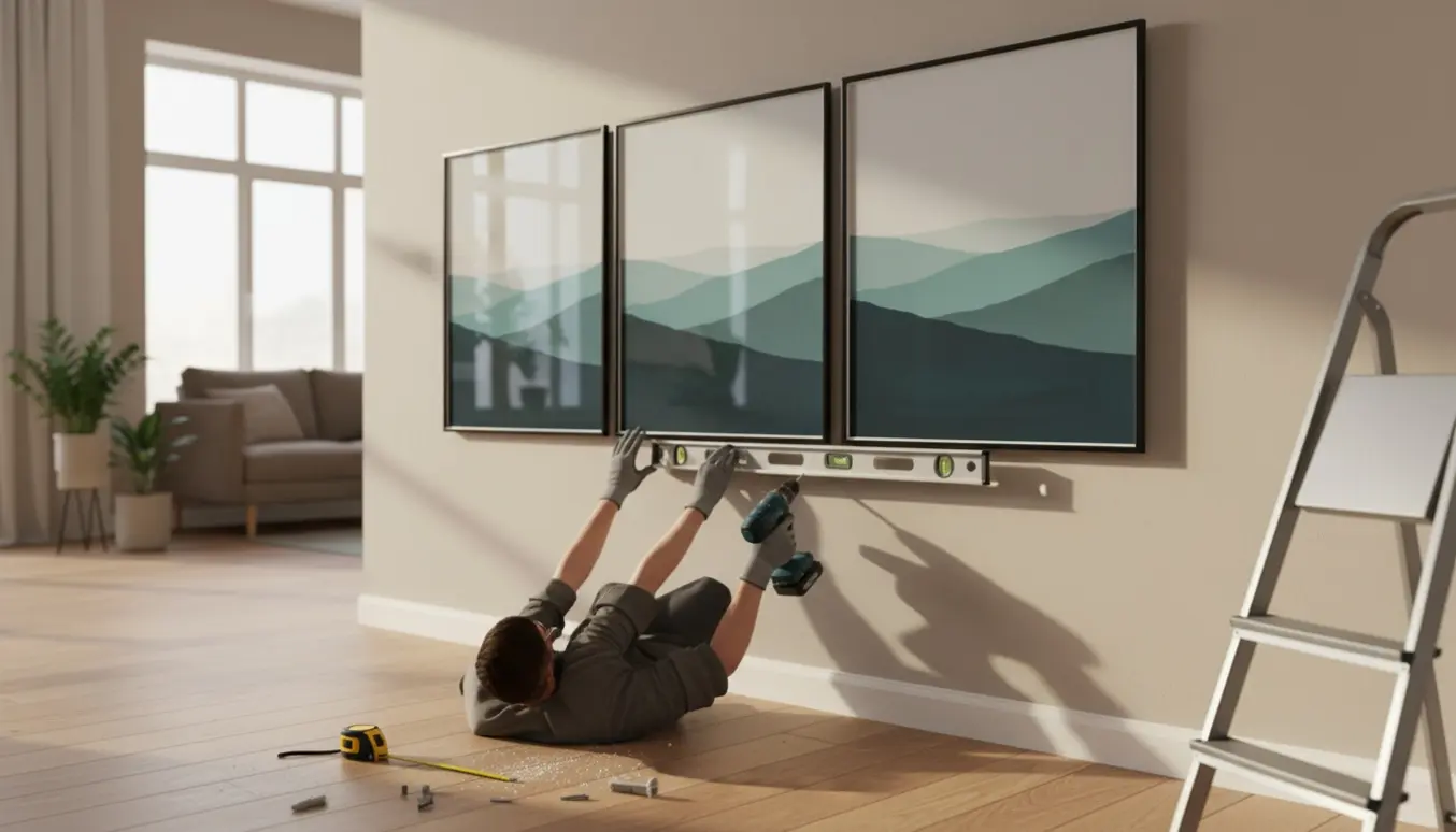 Hænder og værktøj monterer tre store billedrammer (70x100) på en væg i et lyst rum.