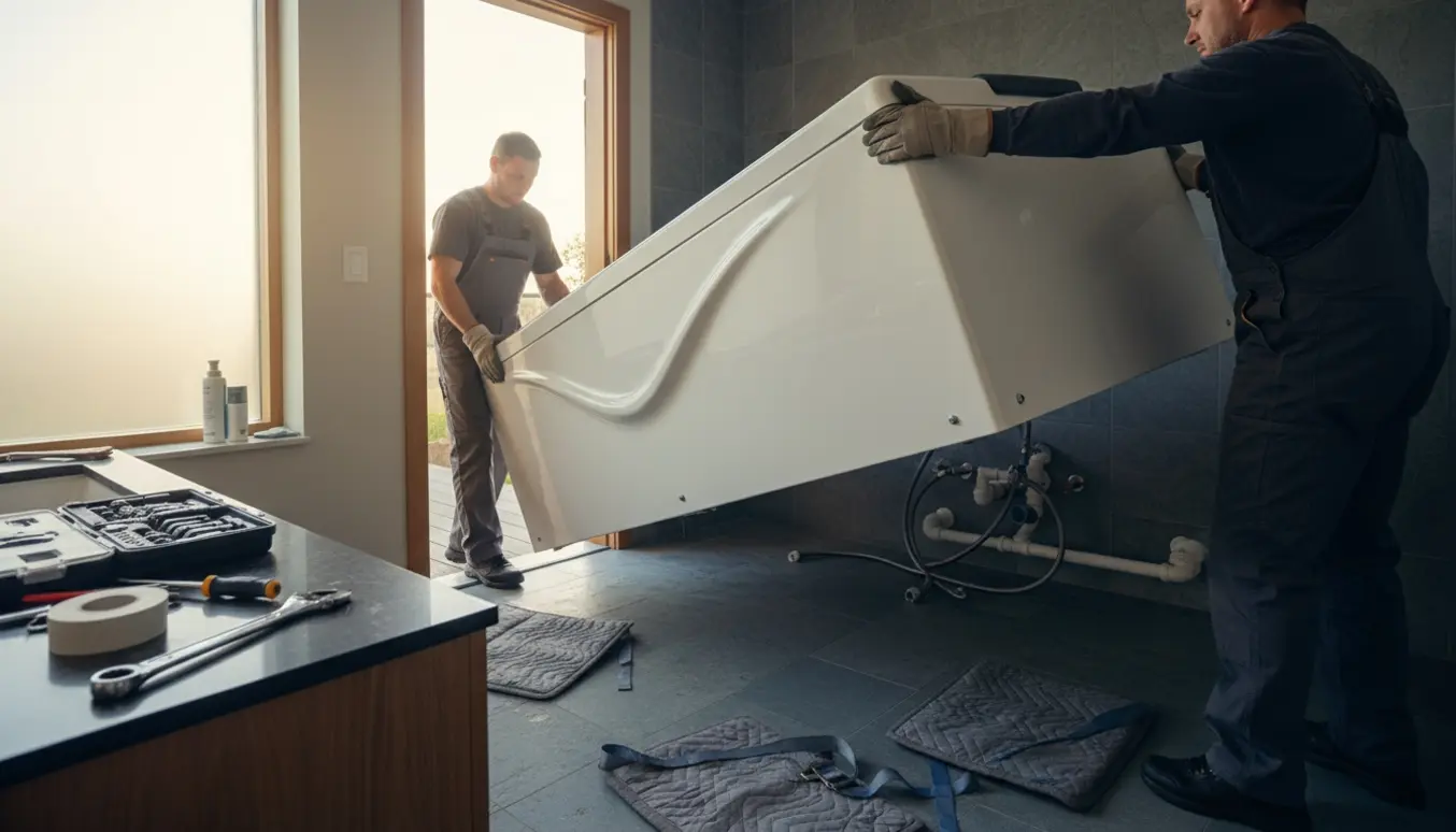 To personer løfter et stort spabad ud af et moderne badeværelse med værktøj og beskyttelsesmåtter på gulvet.