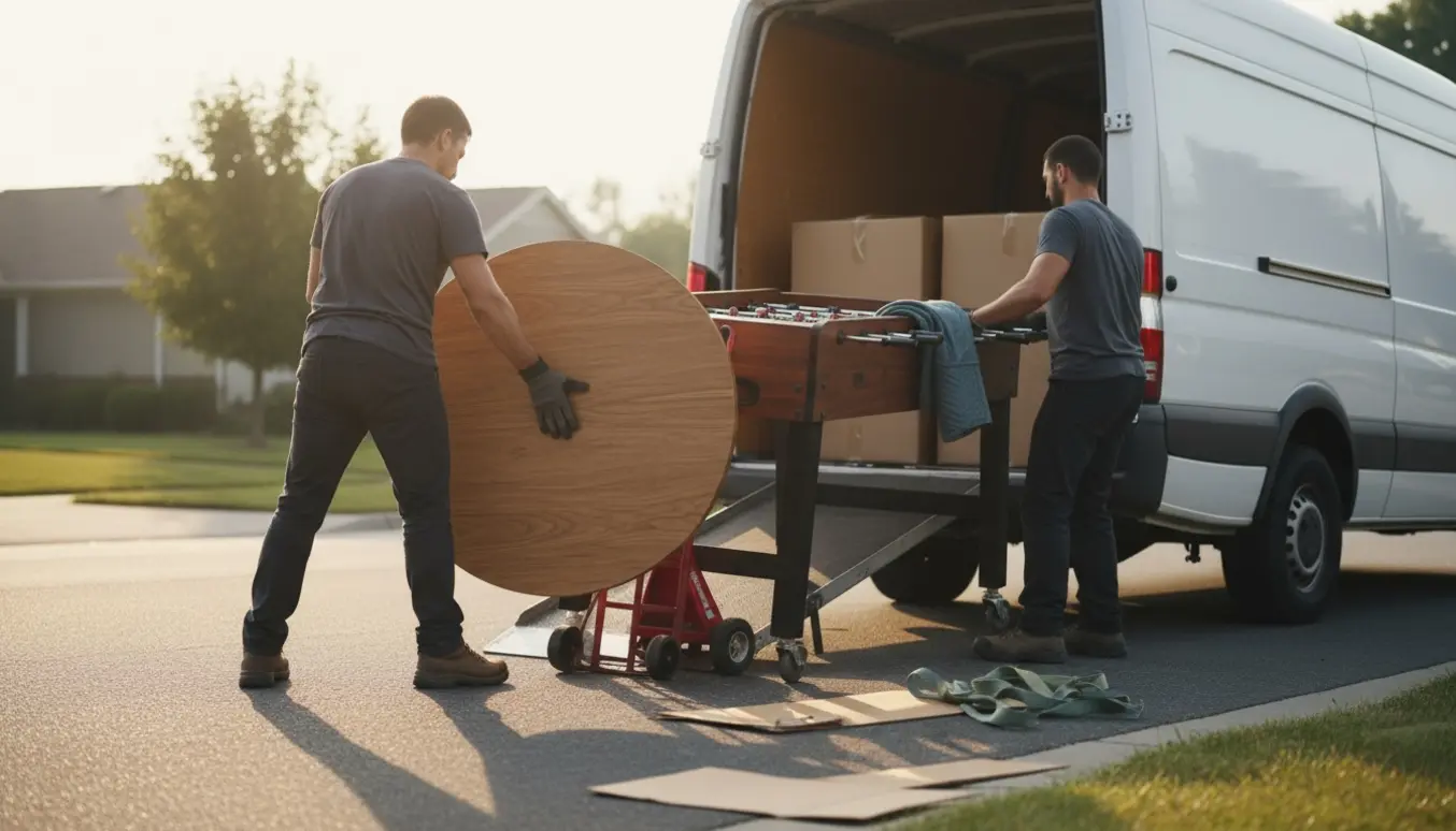 To personer læsser en trædisk, et bordfodboldbord og to store papkasser ind i en varevogn ved vejkanten.