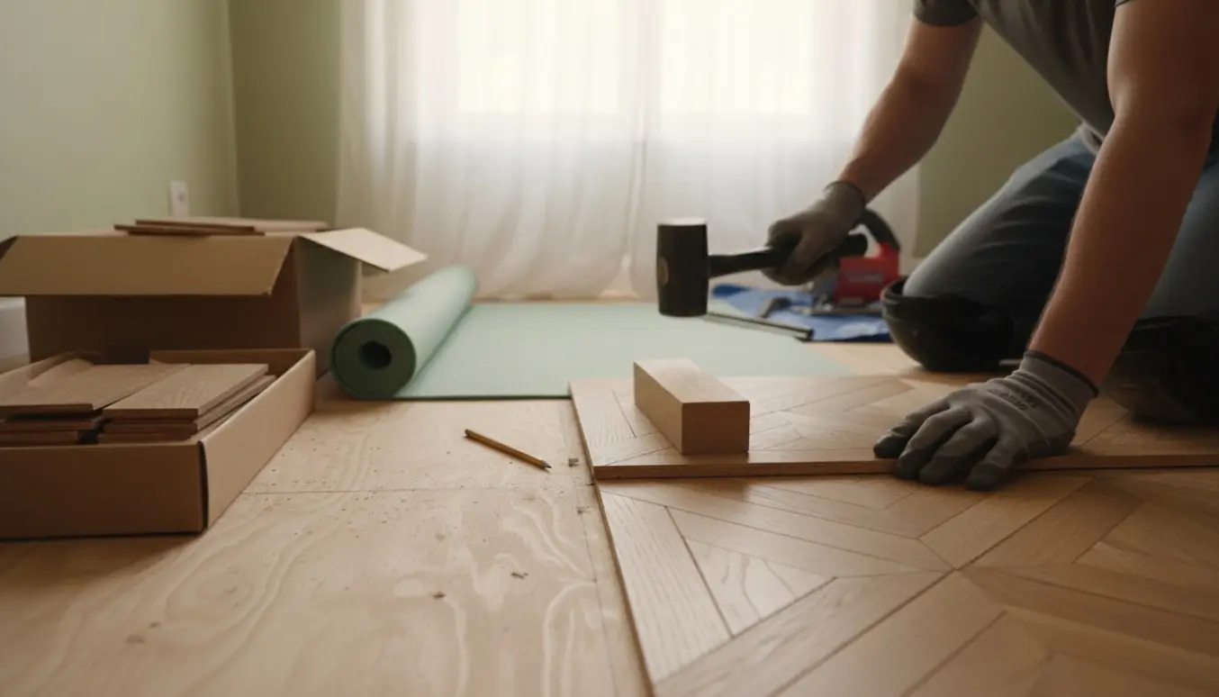 Nærbillede af gør-det-selv lægning af parketgulv i et lille værelse med planker og værktøj.