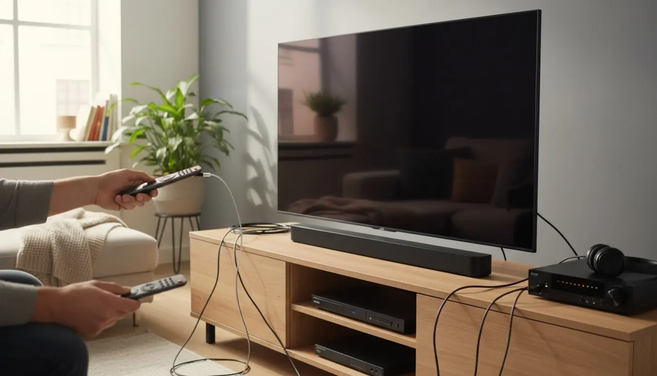 Hænder forbinder lydkabler og bruger en fjernbetjening ved et tv og en soundbar i en stue.