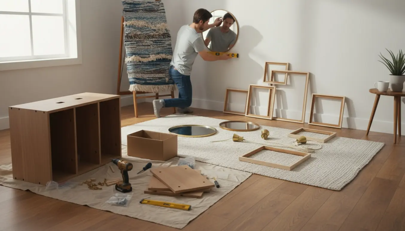 Delvist samlet Ikea-skab og værktøj i en stue, mens hænder måler op til ophængning af lamper, spejle, billeder og et vægtæppe.