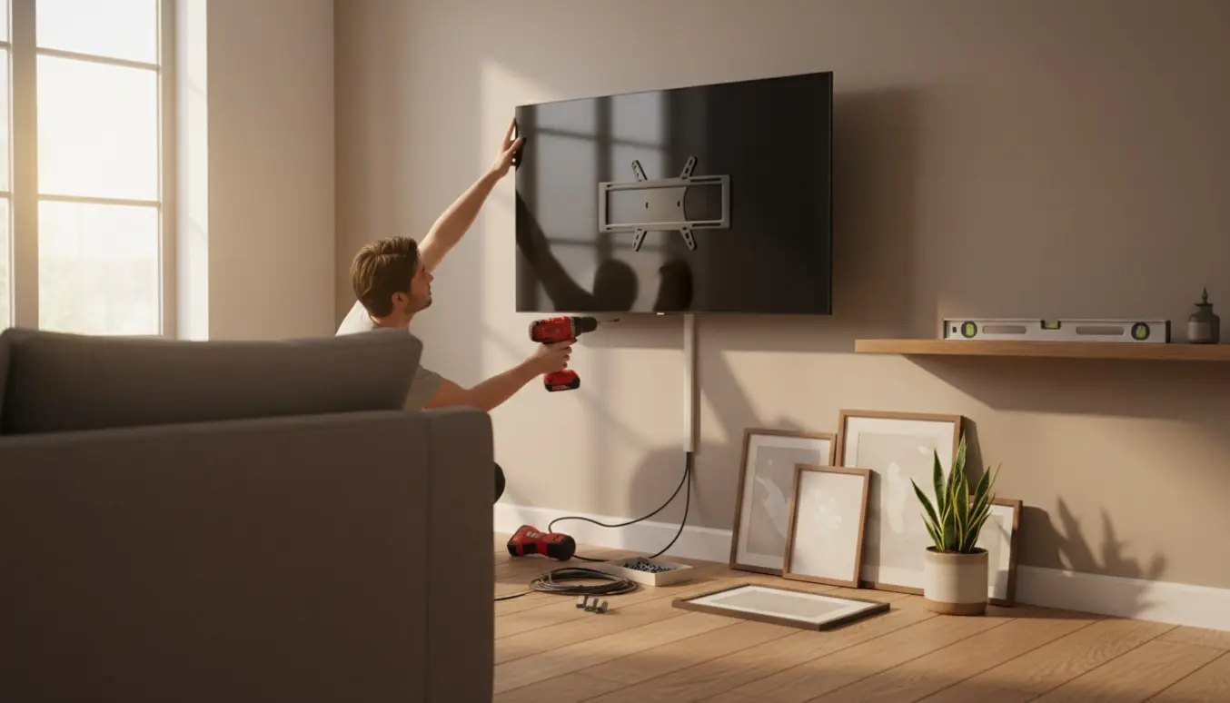 Hænger fladskærms-TV op og monterer hylder og billeder i en moderne stue, hænder og værktøj i fokus.