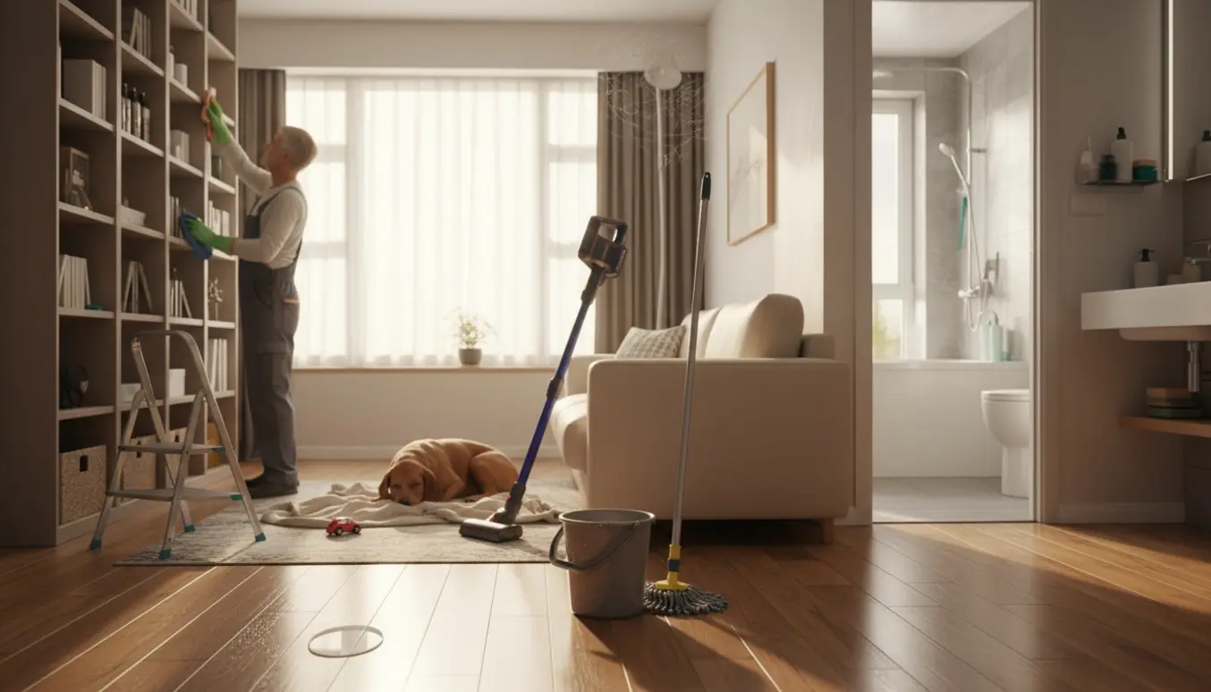 En moden rengøringsperson mopper og tørrer støv af i et moderne familiehus, med hund og børnelegetøj i baggrunden.