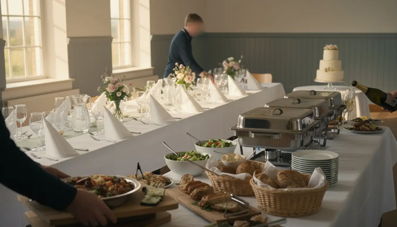 To personer dækker op og fylder en buffet til en konfirmation i et lyst forsamlingshus.