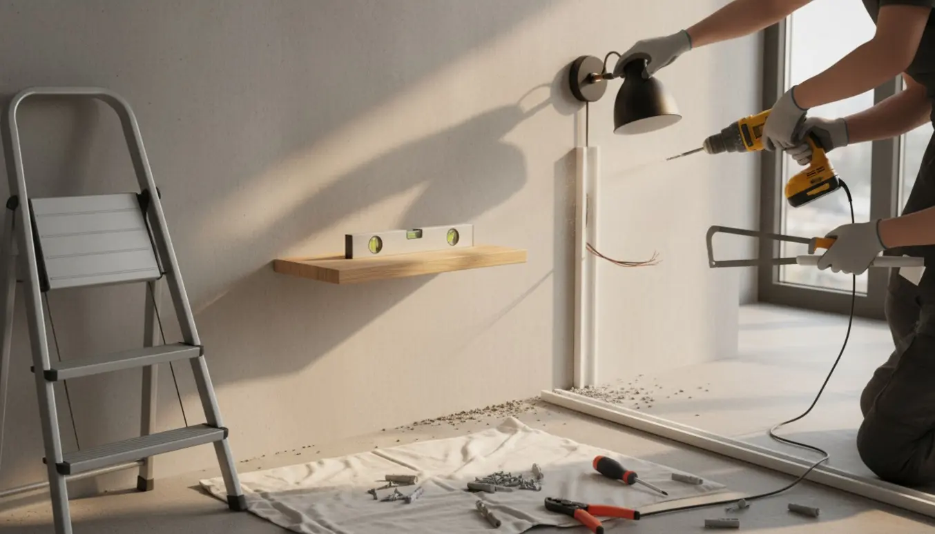 Hænder monterer en vægreol og tilpasser lampe og kabelskinne på en betonvæg i en nybygget lejlighed.