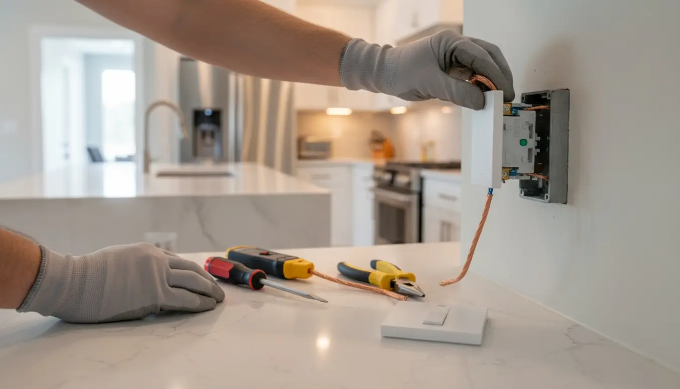 Nærbillede af hænder, der installerer en lysdæmper til indbyggede spots i et moderne køkken.