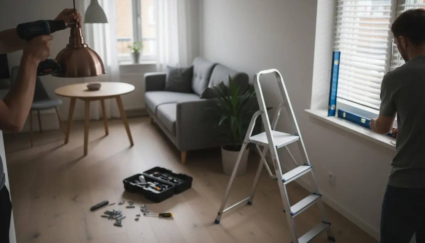 Hænder monterer en loftlampe og justerer persienner i en lille lejlighed.