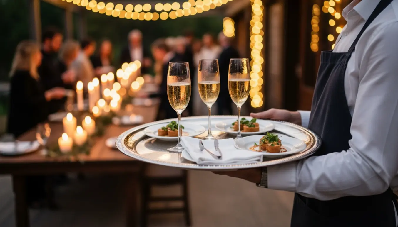 Tjener bærer en bakke med boblevand og små appetizers gennem en varmt oplyst festlokale.