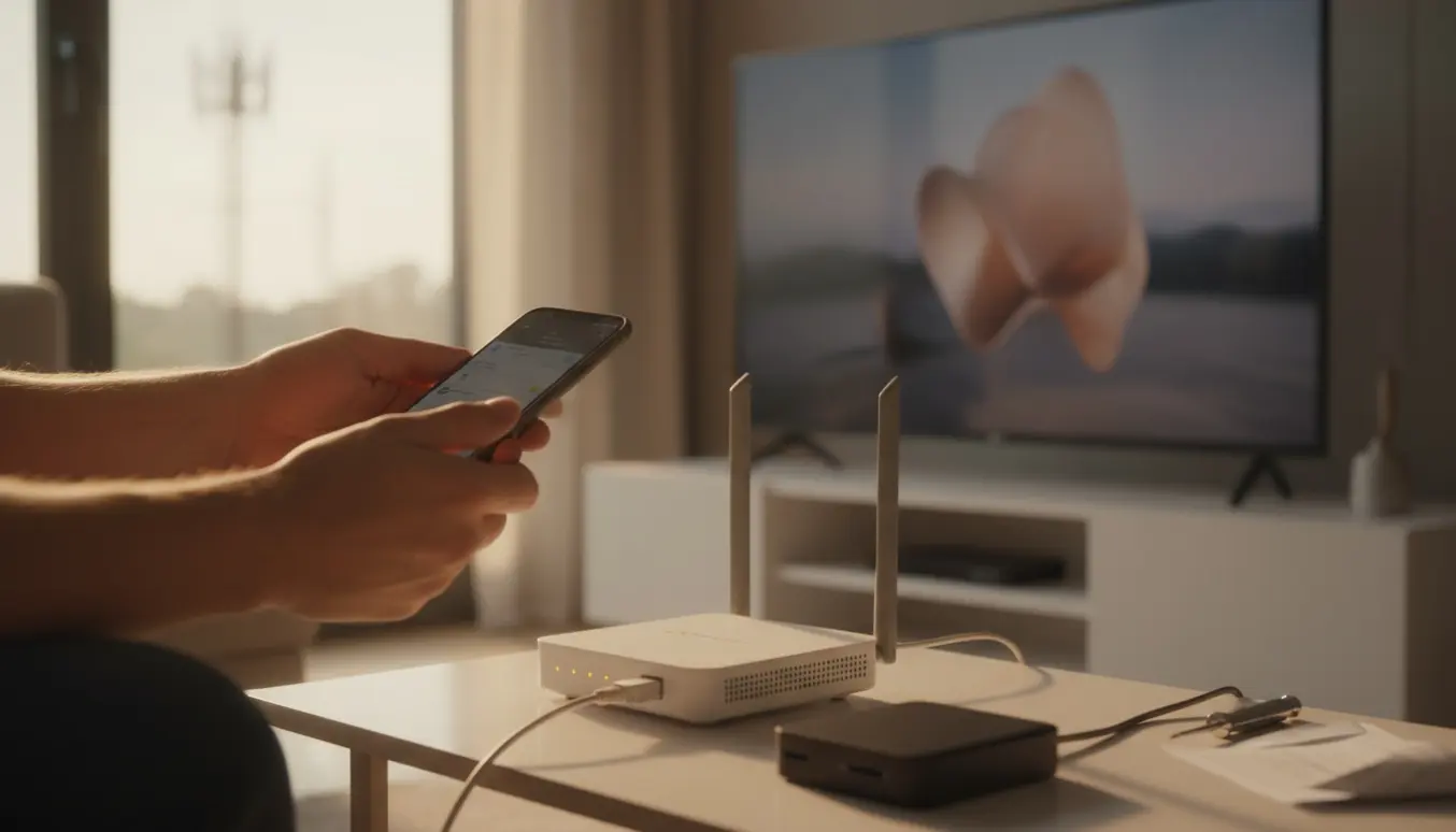 Hænder indstiller en trådløs router via mobiltelefon ved siden af en streamingboks og tv i en stue.