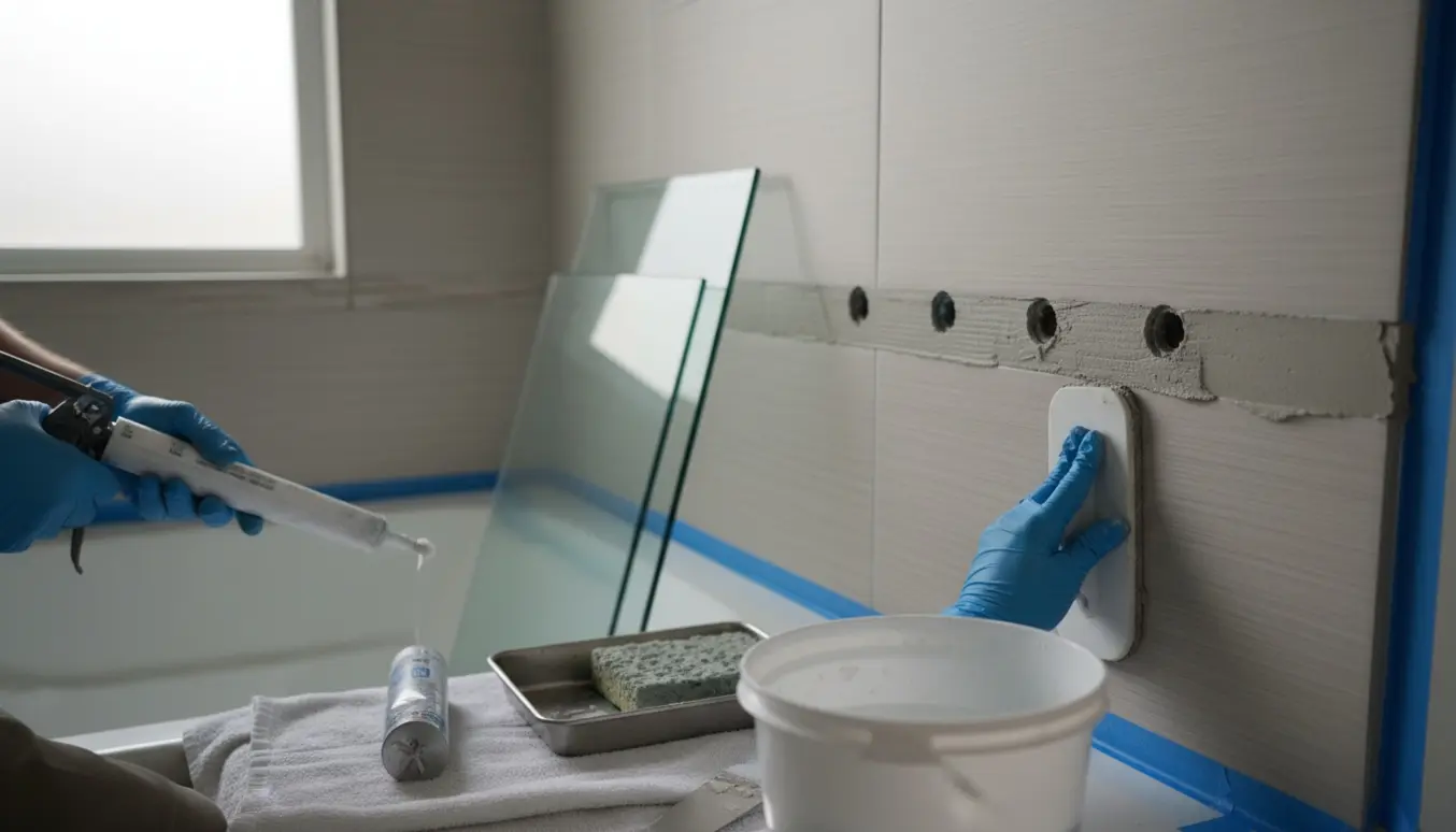 Nærbillede af hænder, der udskifter fuger og tætner huller efter fjernede glasplader i et lyst badeværelse.