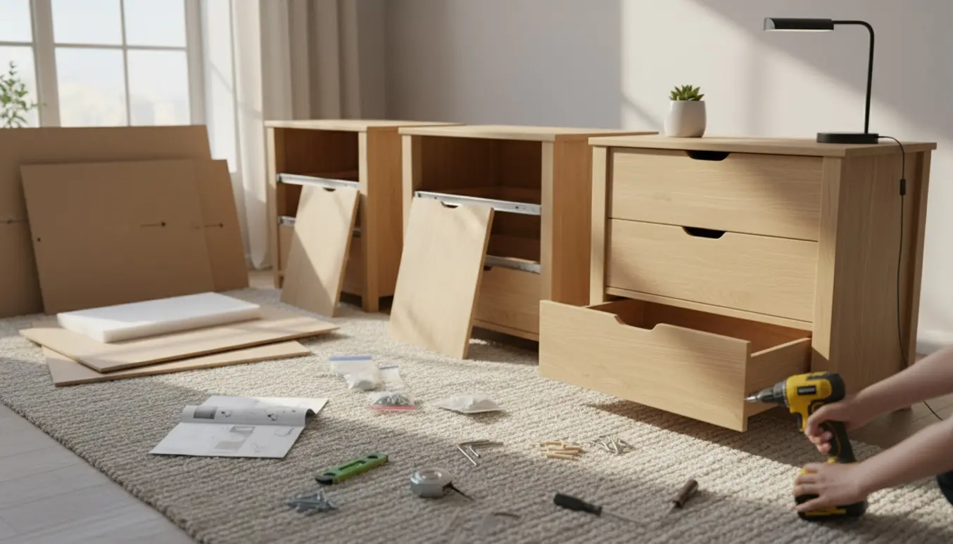 Tre kommoder i forskellige samlingsfaser i en stue, nærbillede af hænder der skrue-montere skuffer uden synlige ansigter.