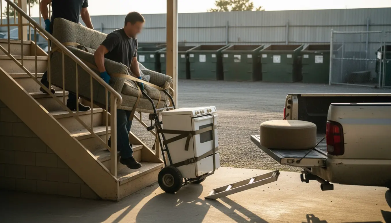 Sofa, puf og ovn bæres ned ad trappe og læsses på en varebil ved en genbrugsplads, uden synlige ansigter.