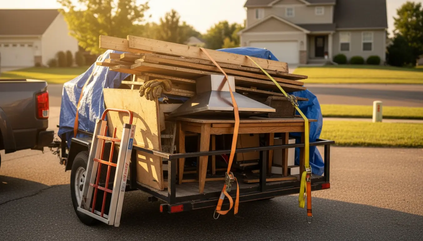 En fyldt trailer med brædder, en emhætte og et bord parkeret i en indkørsel, klar til kørsel til lossepladsen.