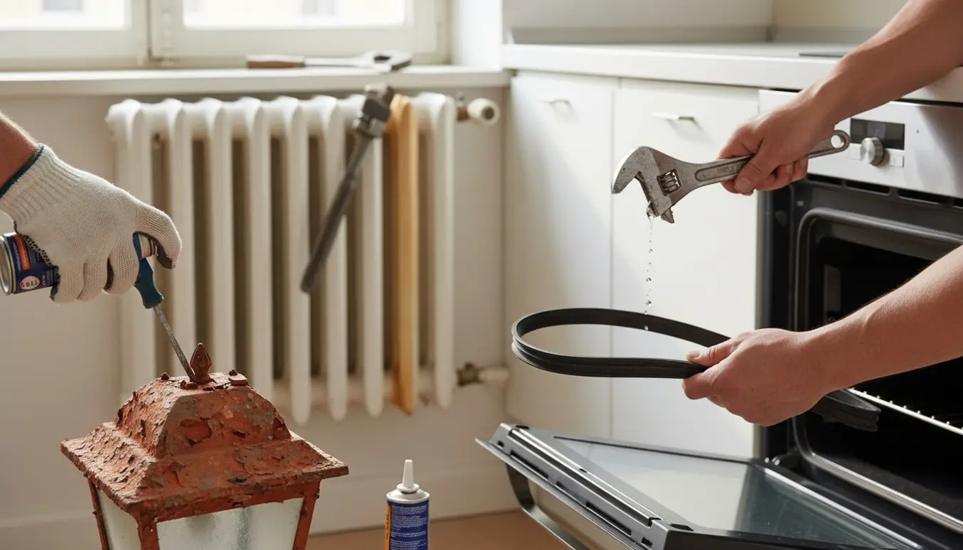 Hænder arbejder med rusten skrue på altanlampe, nyt ovntætningslist, skruenøgle på vandhane og en stor radiator i baggrunden.